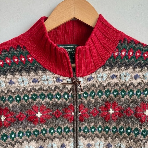 Lauren Ralph Lauren Hand Knit Lambswool Fair Isle Zip Cardigan Sweater SMALL - Picture 4 of 5